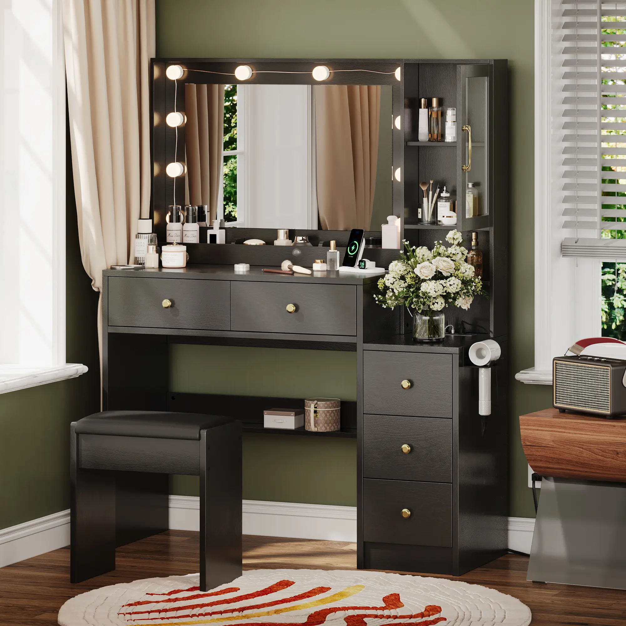 Vanity Desk with Mirror and Replaceable Lamp with 5 Storage Drawers Power Outlet & Chair with RGB Ambient Light Adjustable Brightness for Girls Bedroom Large Corner Desk Vanity Makeup Vanity Desk White Black Valentine's Day Gifts for Women Girls