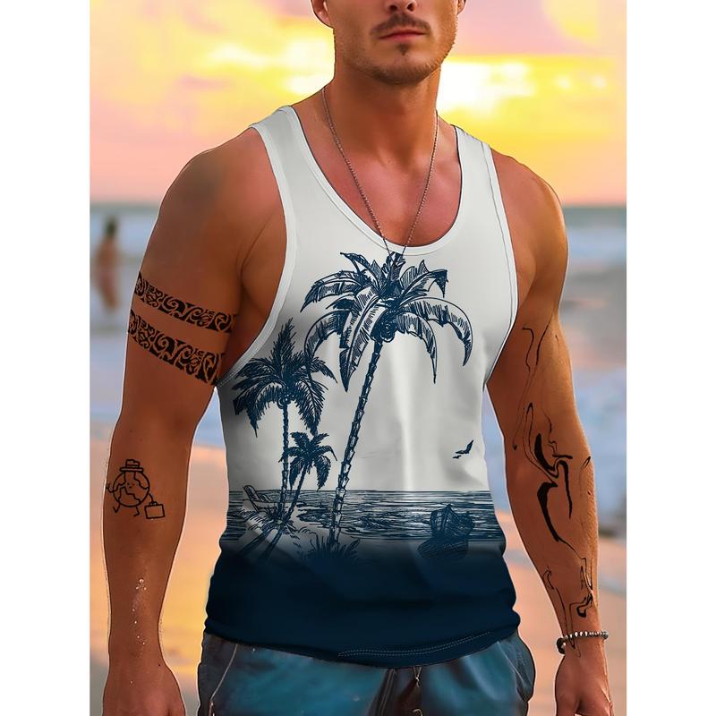Men's Hawaiian Style 3D Digital Print Sleeveless Tank Top - Tropical Palm Tree Gradient Design, Breathable Stretch Fabric, Regular Fit for Gym, Beach, Casual & Outdoor Activities, Beach Activewear, Sunset Graphic Tee, Machine Washable