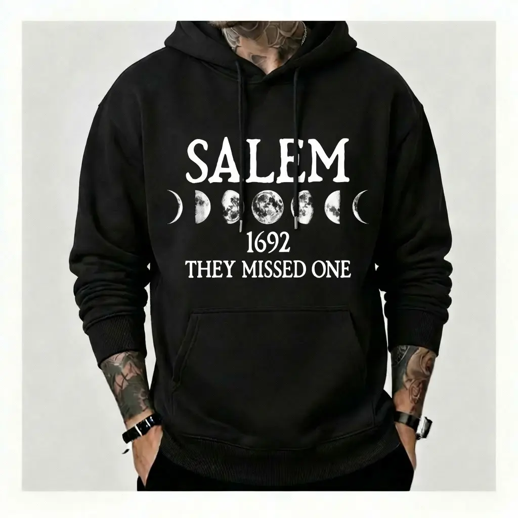 Salem 1692 Witch They Missed One Slogan Print Hoodie Goth Grunge Moon Phase Graphic Sweatshirt Oversized Y2K Streetwear Dark Aesthetic Halloween Pullover Top Men