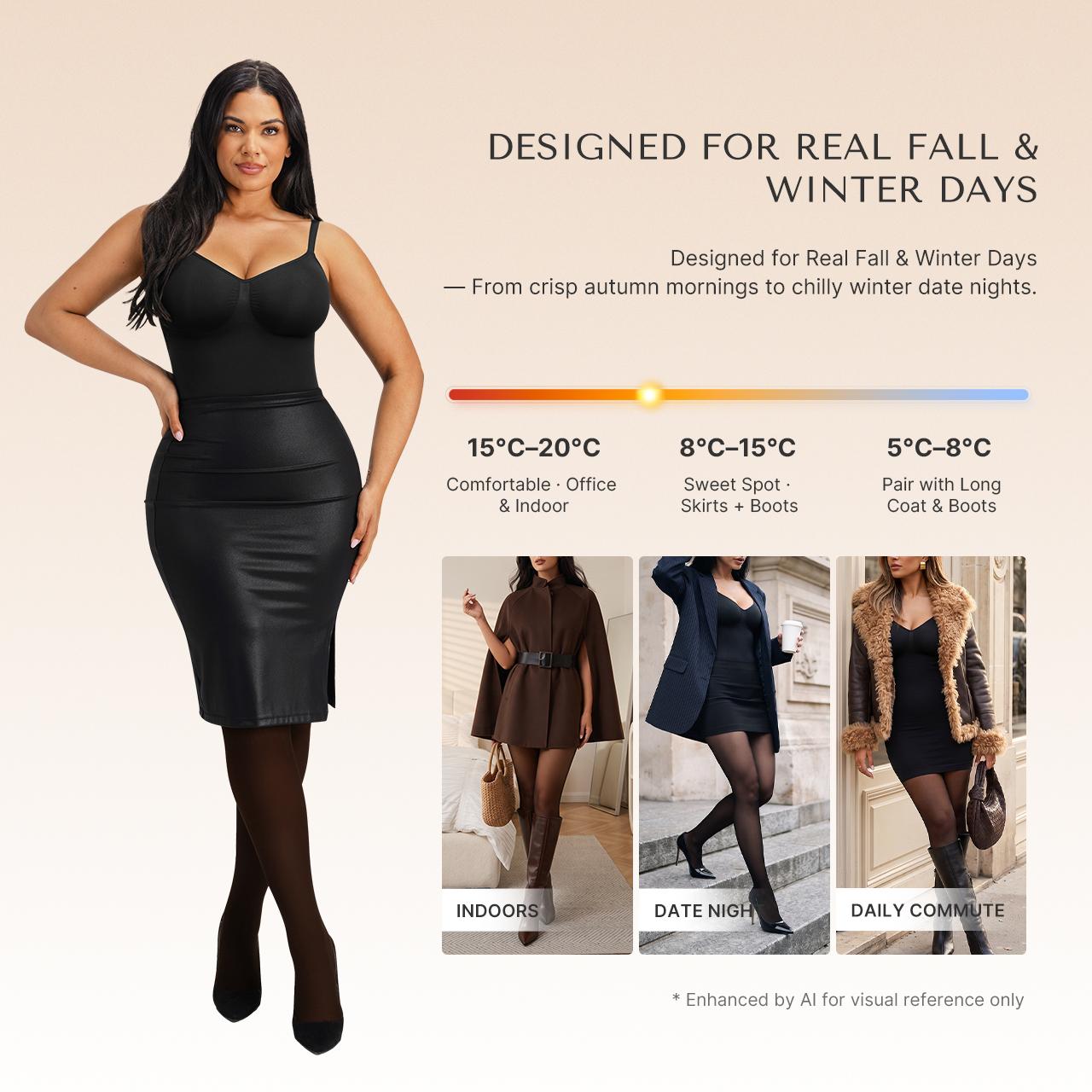 SHAPELLX CozyShape Sheer-Panel with Fleece Lined Tights Stay-Warm Tummy Control Sheer Effect Tights Bodysuit Black Basic