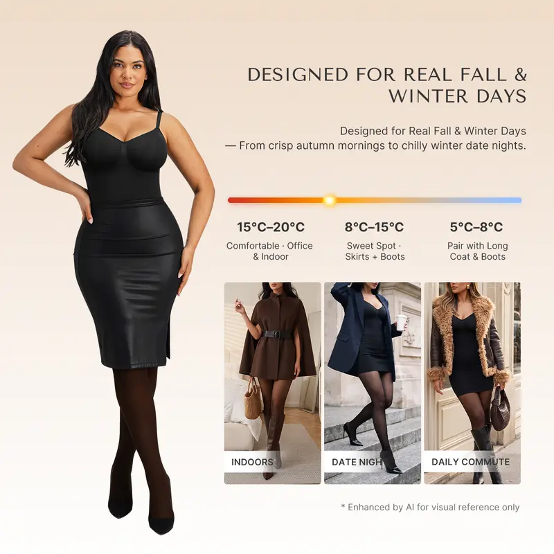 SHAPELLX Sheer-Panel with Fleece Lined Tights Stay-Warm Tummy Control Sheer Effect Tights Bodysuit Black Basic