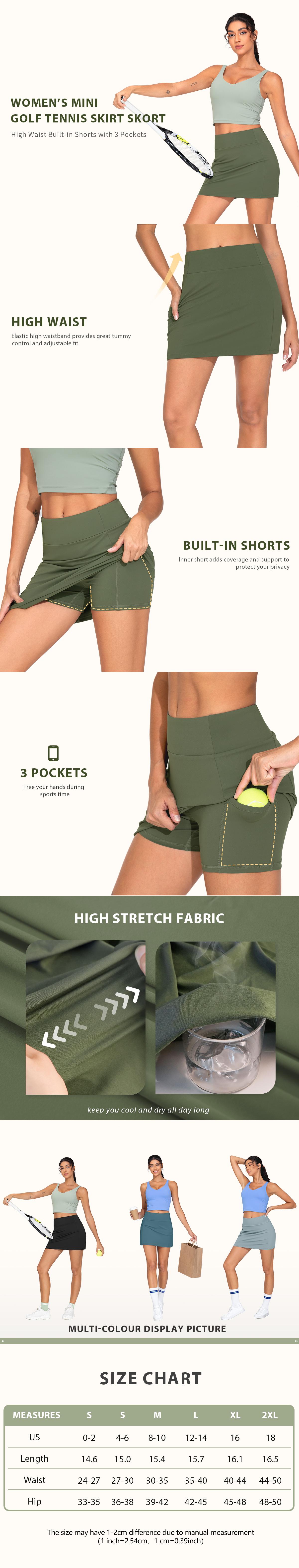 THE GYM PEOPLE 2 Pieces Women's A-line High Waisted Golf Skorts Tennis Mini Athletic Active Skirts Pickleball Built-in Shorts with 3 Pockets