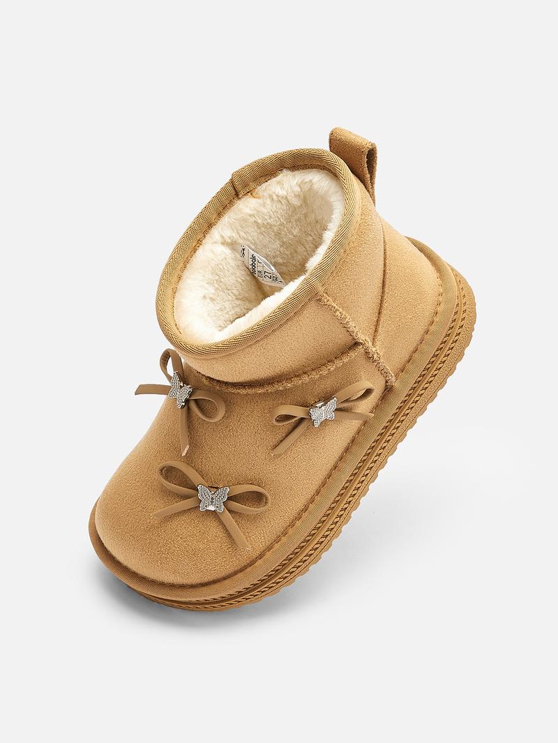 Balabala Girls' Fleece-Lined Suede Snow Boots - Warm Waterproof Anti-Slip Winter Short Boots with Bow Decoration & Anti-Bacterial Technology