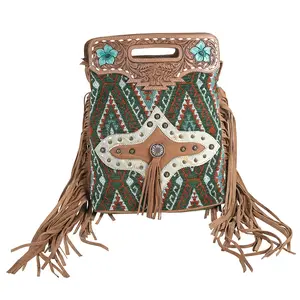 OHLAY Cross Body Hand Tooled Upcycled Wool Canvas Hair-On Genuine Leather Women Bag Western Handbag Purse | for Womens Summer