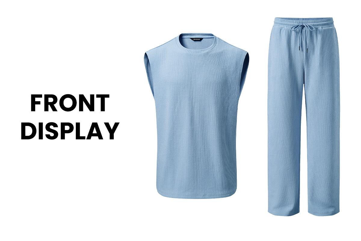 JMIERR Mens 2 Piece Rib Knit Sweatsuit Summer Sleeveless Tank Top Baggy Wide Leg Pants Set Vacation Beach Outfit for Men