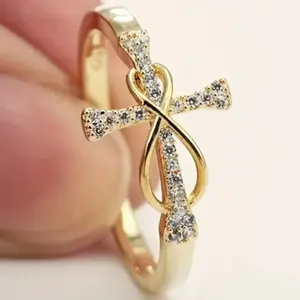 Creative Cross Finger Ring for Women Modern Fashion Daily Wear Accessory with Shiny Cubic Zirconia