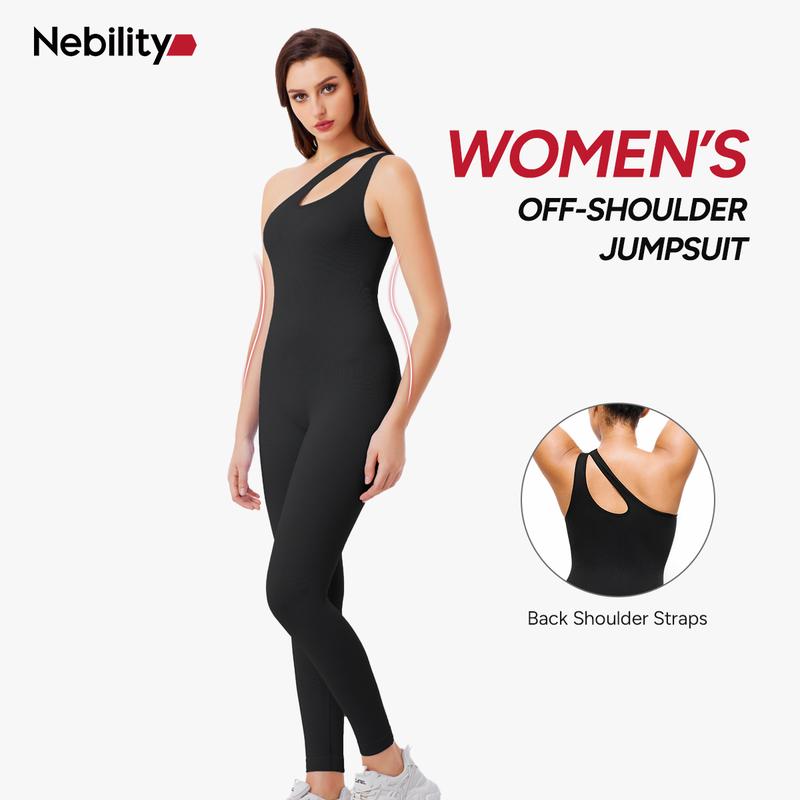 Nebility Women's Workout Seamless Yoga Ribbed Bodycon Jumpsuit Cut Out Asymmetric One Piece Leg Lengthening Tank Top Leggings Romper Stylish Activewear Stretchable All Season Solid Color Sports Jumpsuit