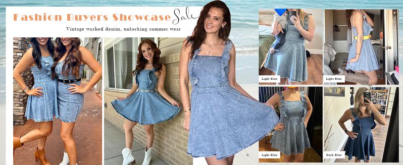 utcoco Denim Dress for Women Ruffle Adjustable Strap Sleeveless Backless Babydoll Mini Jean Dresses