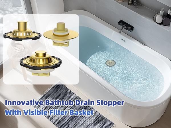 Universal Bathtub Drain Stopper Shower Drain Hair Catcher, Tub Stopper with Visible Top Strainer, Upgraded 3 in 1 Pop-up Drain Plug Fit for 1.5 to 2.4" Hole, Stainless Filter Basket, Brushed Gold