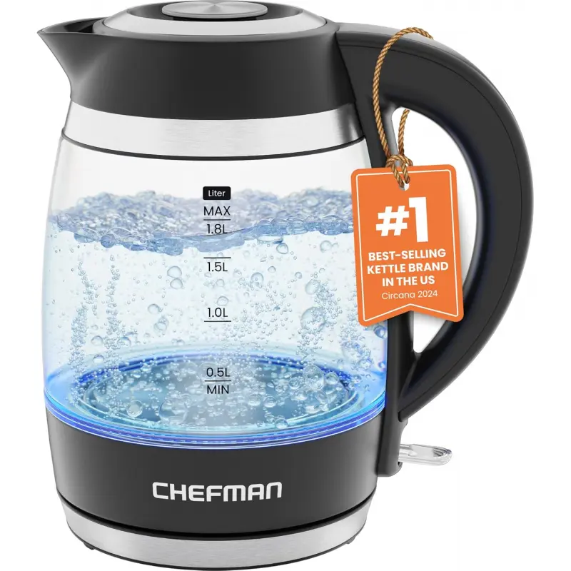 Cordless 1.8L 1500W Borosilicate Glass Electric Kettle - Hot Water Boiler for Indoor Recreation, 1-Year Assurance, Removable Lid, Auto Shut-Off, Boil-Dry Protection, Stainless Steel Filter, Easy-Grip & Pour, LED, Overheat Protection, Durable Rapid Boil, M