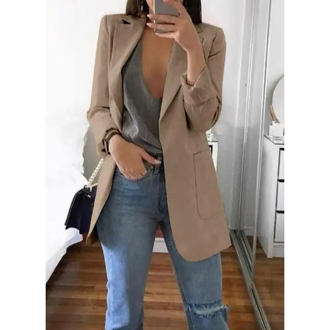 Women's 2025 Spring Fall Long Blazer Jackets Long Sleeve Lapel Pockets Loose Fit Work Casual Blazers