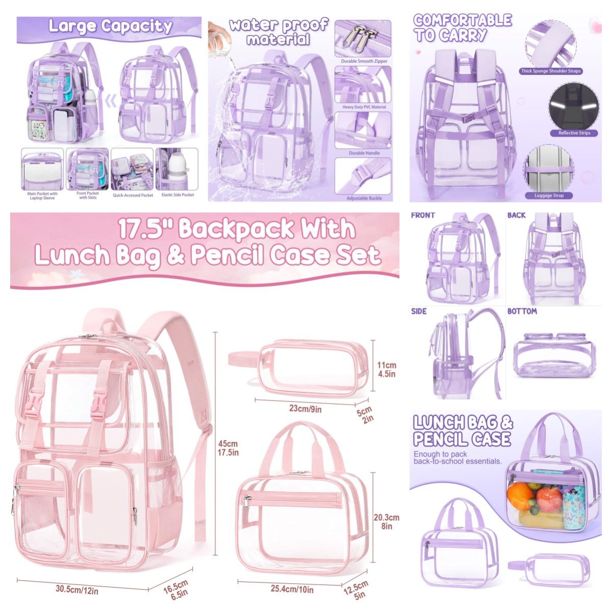 Fimibuke Clear Backpack with Lunch Box & Pencil Case - 3 PCS Heavy Duty Transparent PVC Schoolbag Large Waterproof Bookbag for Travel School Concert Stadium Events Backpacks