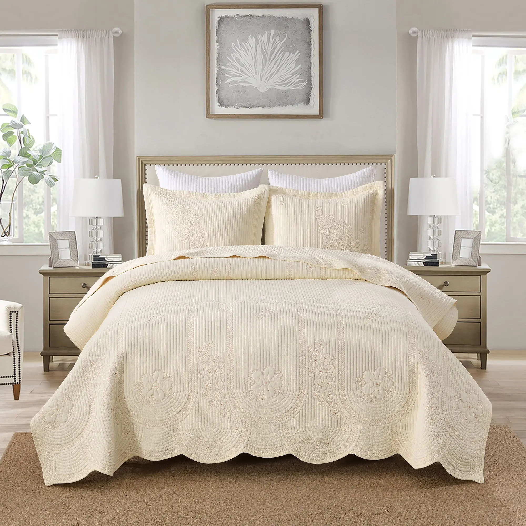 3 Pcs 100% Cotton Embroidered Bedroom Bedding Set - Breathable, Soft, Decorative Duvet Set with Floral Stitching, Scalloped Edge, Breathable Duvet Set