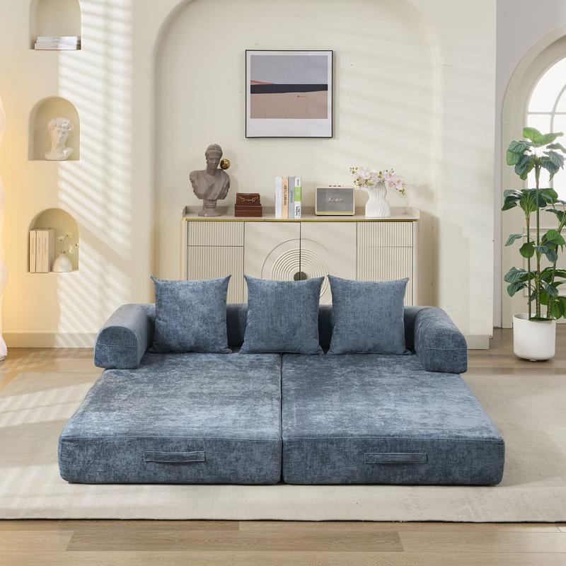 Niccae Comfy Convertible Folding Mattress Couch Chenille Floor Sofa Bed with Armrest Lounge Couch for Living Room Bedroom Studio Office Guest Room Space-Saving Sofa