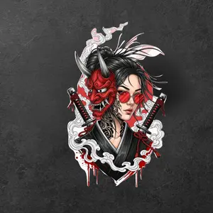 Oni Samurai Girl Vinyl Sticker, Japanese Demon Mask Anime Waifu Decal, Katana Warrior Aesthetic Laptop Car Water Bottle Sticker
