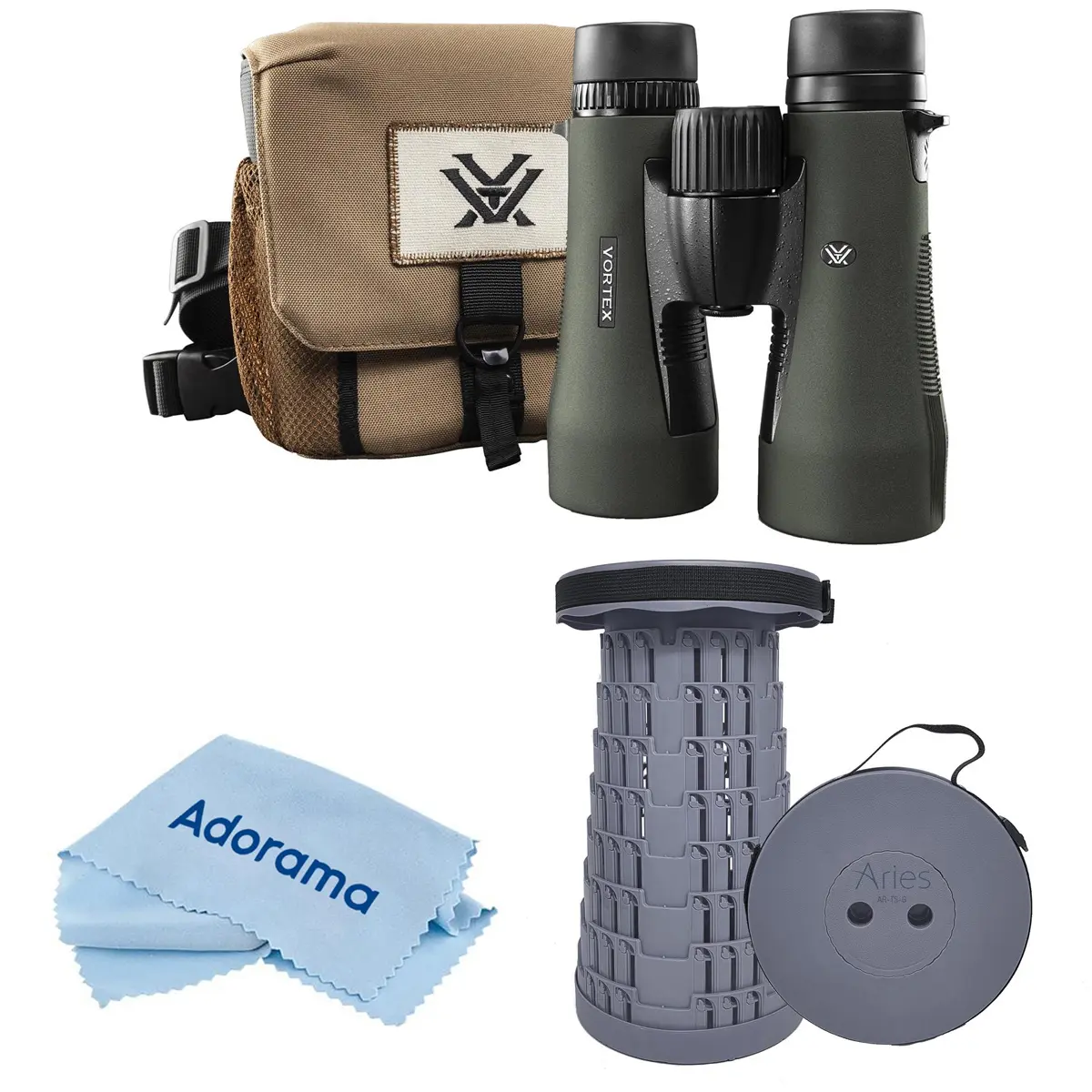 Vortex Optics 12x50 Diamondback HD Roof Prism Binocular with 5.2 Degree Angle of View, HD Glass for Birdwatching & Hunting, Compact Bundle with Portable Telescoping Stool/Chair, Cleaning Cloth