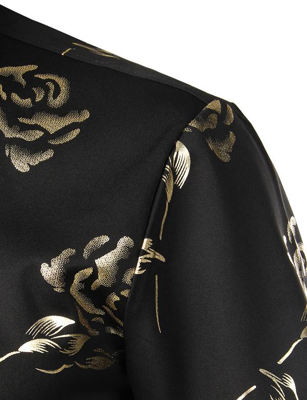 ZEROYAA Mens Hipster Gold Rose Printed Slim Fit Short Sleeve Button Down Dress Shirts