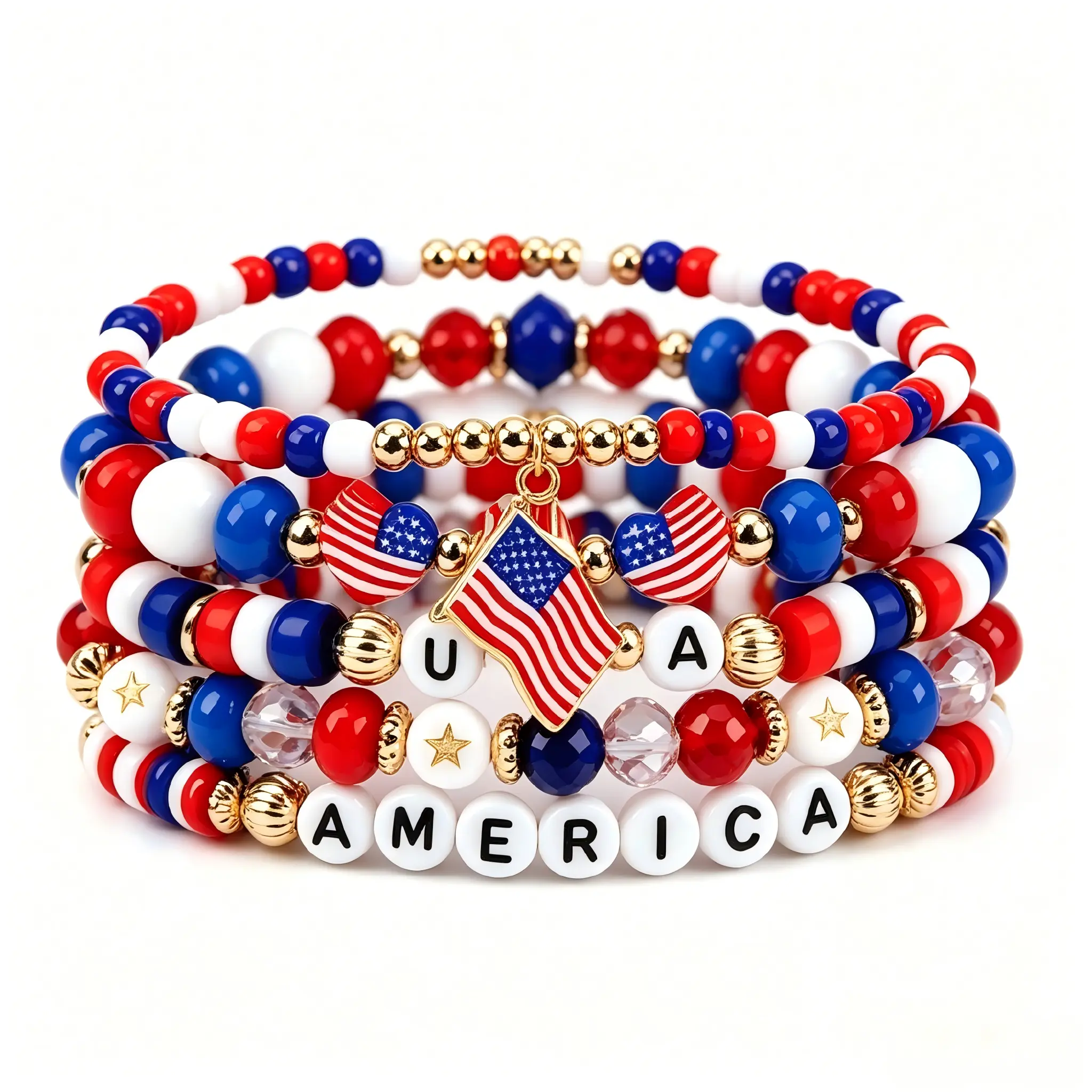 4th of July Bracelets for Women | 5PCS Patriotic Red White Blue Stackable Beaded Bracelet Set | Independence Day America Flag Charm Elastic Bracelets