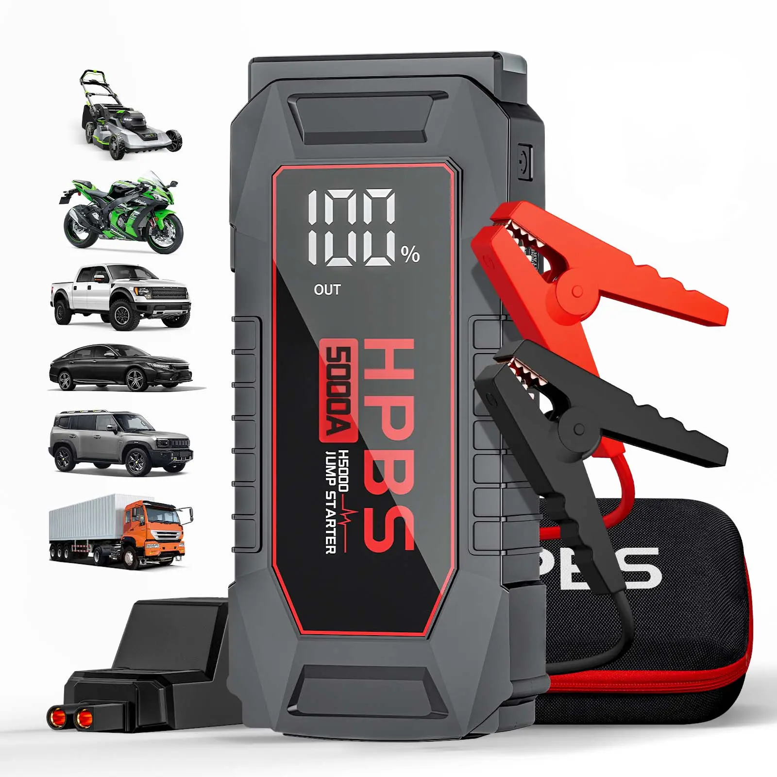 HPBS 5000A Peak Portable Car Jump Starter with Power Bank( Suitable for 12V Vehicles), RST Boost Force Start, Portable Battery Jump Starter Box with 3.0" LCD Display,LED Emergency Light
