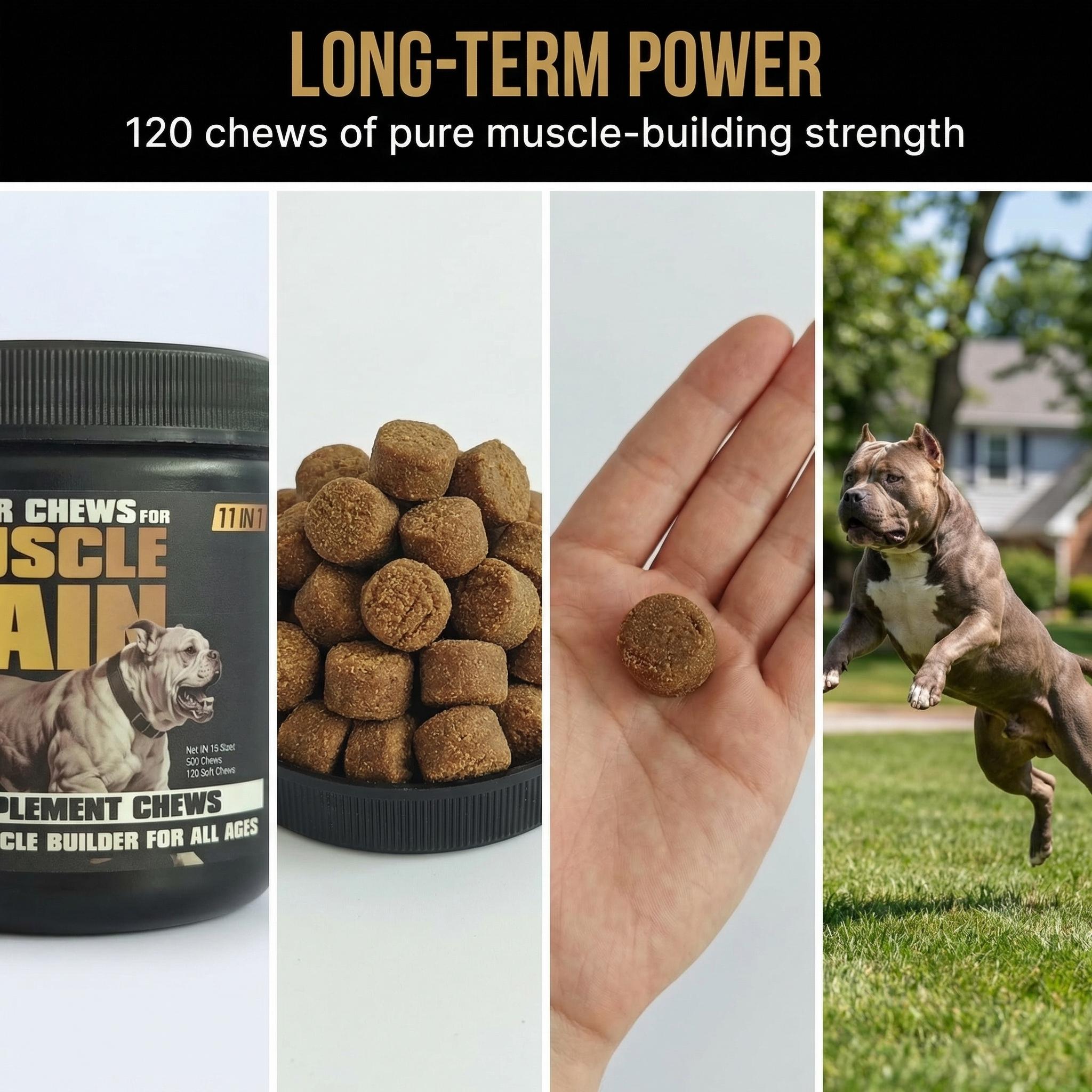 11-in-1 Muscle Gain Power Chews - High Protein Dog Supplement with Amino Acids - Healthy Treats for Puppy & Adult Dogs - Premium Muscle Builder for All Breeds - 120 Tasty Soft Dog Chews