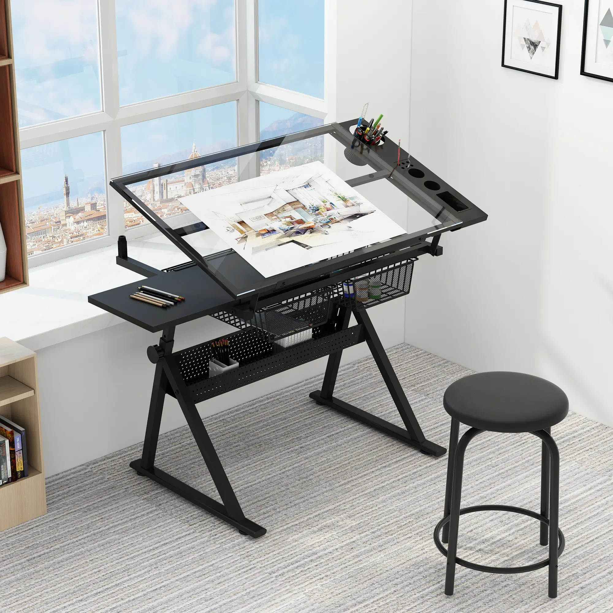 Height-Adjustable Glass-Top Drafting Table, Office & Commercial Art Workstation with Storage Baskets, Pencil Holders, and Side Shelf for Drawing, Painting, Height Adjust, With Basket