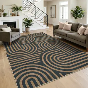 Modern Abstract Line Jute Rug Large Size Washable Stain-resistant Non-slip Foldable Interior Decorative Rug for Bedrooms Farmhouses Restaurants Offices Backyards and Apartments decor bedside mat