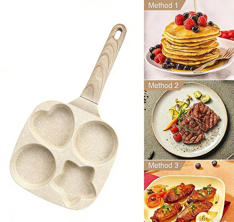 Nonstick 4-Cup Egg Frying Pan,Oil-Free Egg Pan,with Wooden Handle,Easy-Clean,for Pancakes,Burgers,Breakfast,Quick Cooking at Home,for Family Breakfasts