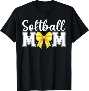 Coquette Softball Bow Softball Mom Mothers Day Softball Mama Summer Casual Shortsleeve Cotton T-Shirt
