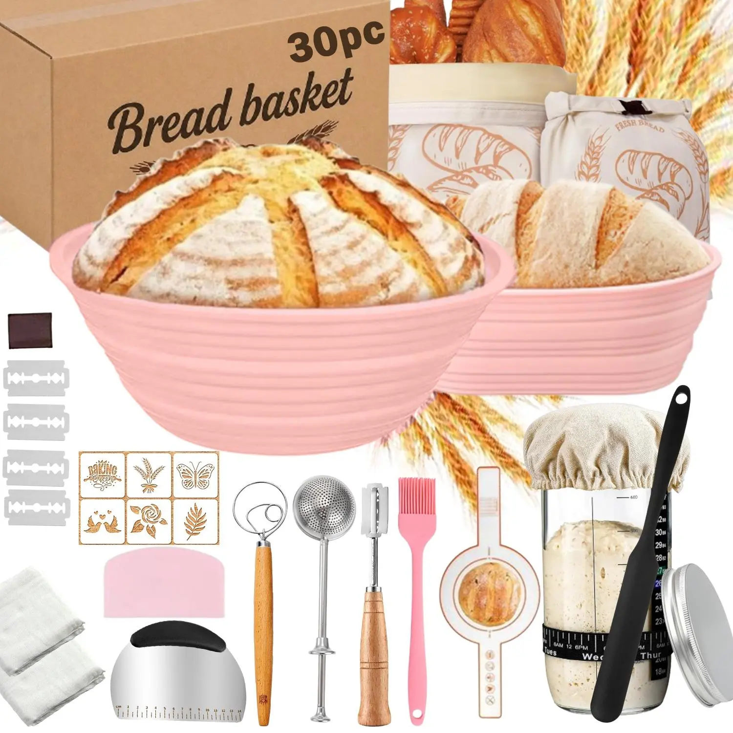 30 Pcs Sourdough Starter Kit with Silicone Round & Oval Banneton Bread Proofing Basket, Starter Jar, Dough Whisk, Scrapers, Stencils, Complete Sourdough Bread Baking Supplies, Fathers Day Gift for Men