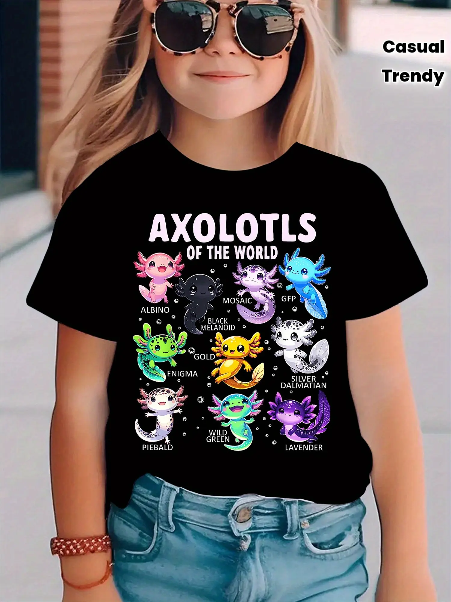 Girls' Axolotl Design Graphic Print Tee - Kids Clothing Girls, Scoop Neck Fun Shirt for 11-12 Years, Perfect for Axolotl Enthusiasts, Ideal Gift, Clothes, Lettering, 3 - 4 Years, Fashion Printed Shirt, Cartoon Print Tee