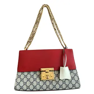 Pre-owned GUCCI Padlock Shoulder Bags GG Supreme Canvas And Red Leather Large Bag 2 Way With COA