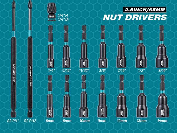 LIBRATON 31PCS Magnetic Nut Driver Set,fathersdaygift,  1/4" Impact Drill Driver Bit Set, Long Nut Drivers 6INCH, Metric & SAE Nut Drivers for Impact Drill, Socket Set, Impact to Hex Converter, PH1, PH2, Storage Box