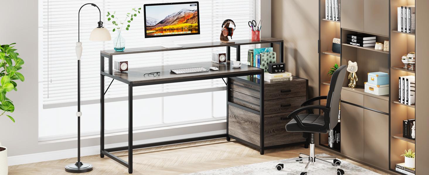 Tribesigns 63 Inch Computer Desk with File Drawer Cabinet, Ergonomic Office Desk with Monitor Stand and Ample Storage, Industrial Computer Table with Printer Space, for Home Office, Study, and Gaming