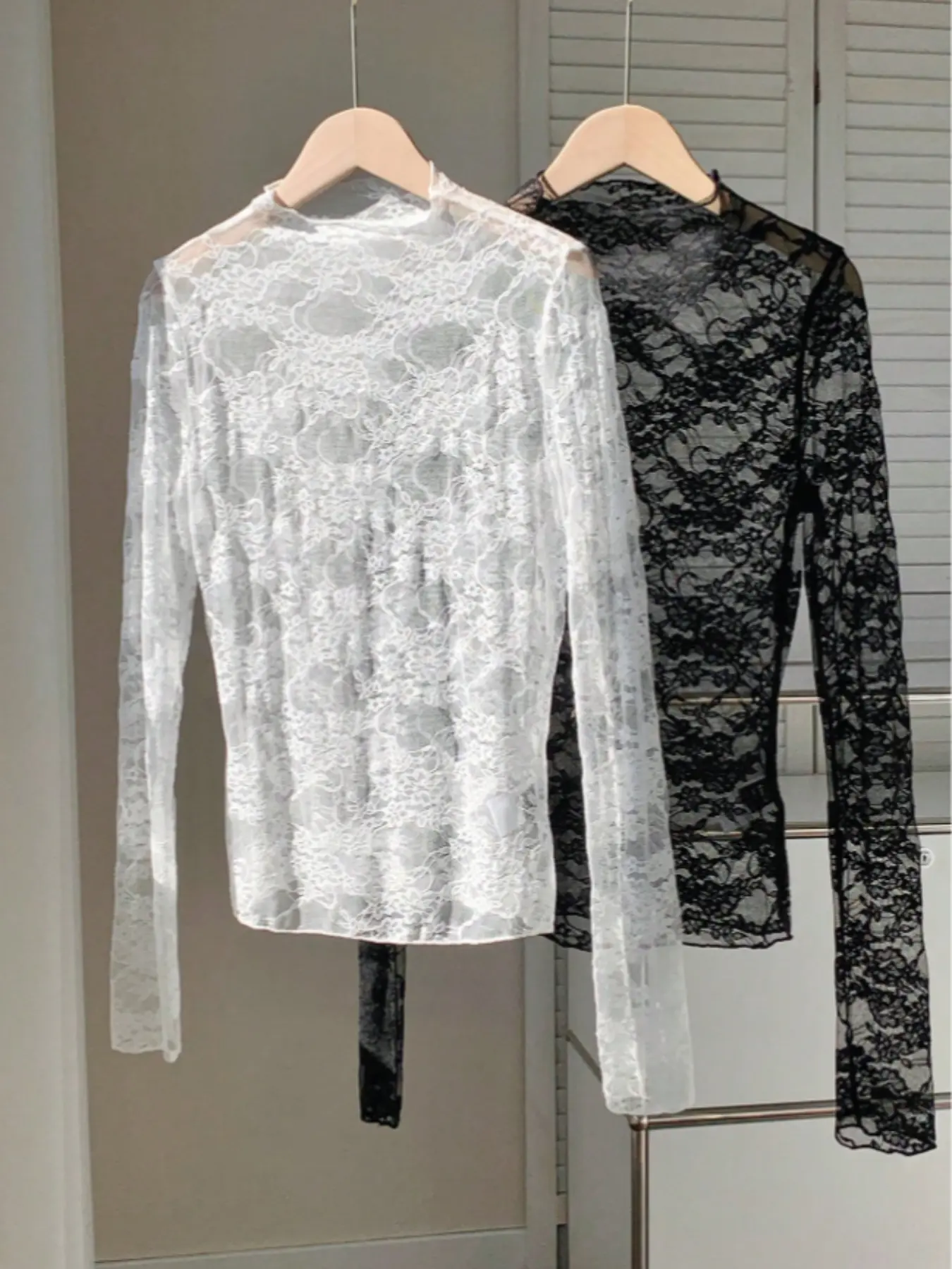 Women's 2-Pack Lace & Mesh Long-Sleeve Fitted Sexy Breathable Blouse Tops, Shirts, Casual Breathable Elegance, Elegant, Chic, Stylish and Comfortable Fit, Perfect for Casual Wear, Blouses Shirts Tops, Womenswear