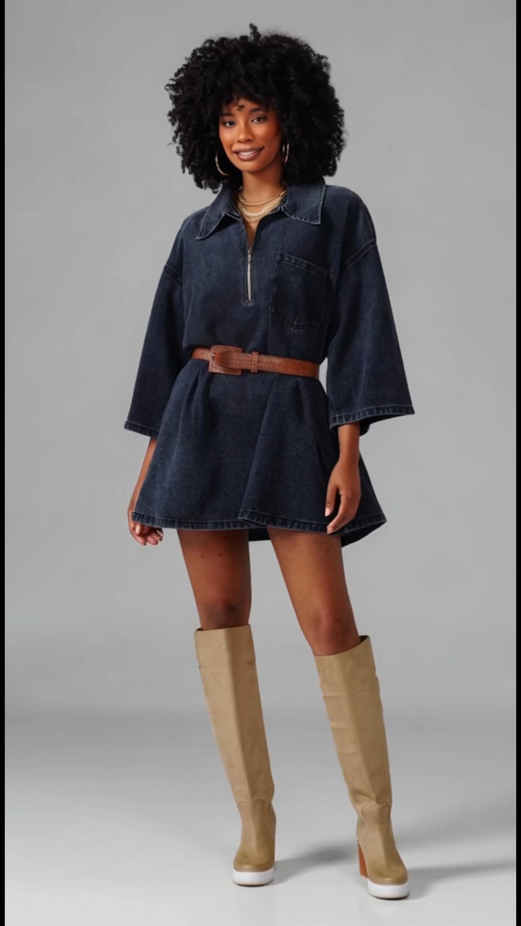 Elengatine Women's Denim Dress Half-Zip Collared Vintage Washed Blue Loose Fit Long Sleeve One Chest Pocket Trendy Casual Top for Daily Wear & Street Style Looks - Chic Autumn and Winter - Womenswear Suitable for all people, sizes range from XS - 5XL