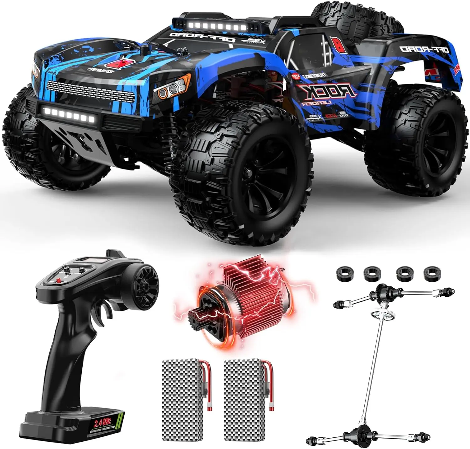DEERC 9006E 1:12 4WD Off-Road RC Stunt Monster Truck, 28MPH 2.4GHz Racing Car, Waterproof Short Course Truck with 2 Lithium Ion Batteries, Spare Tire, LED Lights, Shock Absorbers, 100m Control Range, All-Terrain Tires for Ages 12+ Adults, 100 Meters