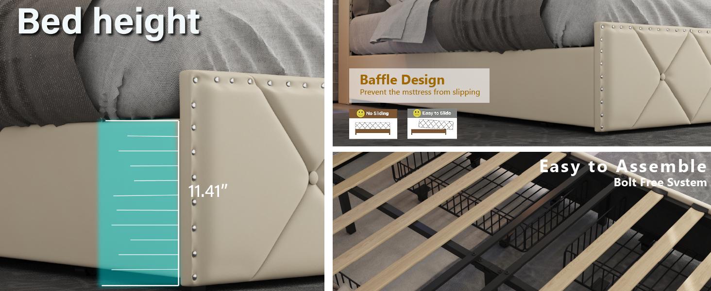 Full-Size Upholstered Bed Frame with 2 Drawers and Square Stitch Button, Bed Frame with Charging Station and LED Lights, Upholstered Headboard with 2-Tier Storage Shelves, Black queen  bed  frames