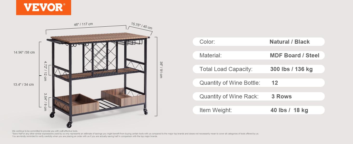 VEVOR 3-Tier Bar Serving Cart Rolling Trolley with Wine Grid Glass Holder 300LBS Organiser Racks