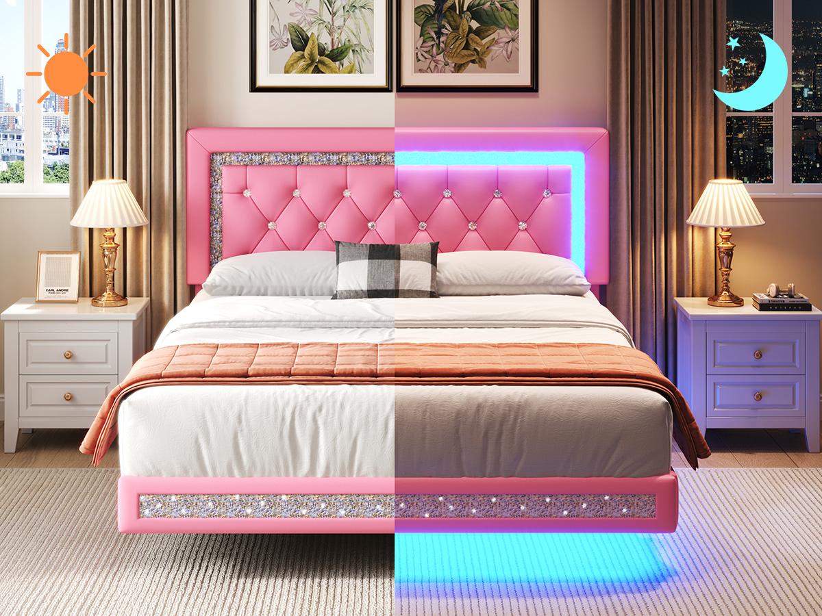 TryLazy Modern Floating Bed Frame with LED Lights, Upholstered Platform Bed Diamond Tufted Headboard, No Box Spring Needed, Noise Free, Easy Assembly