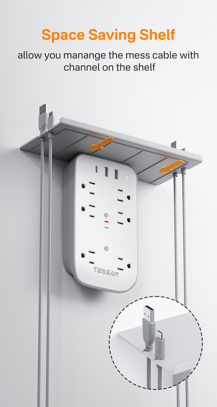 Tessan Wall Outlet Extender with Shelf Night Light Multi Plug Outlets USB Charger 6 AC 2 USB Ports 1 USB C for Home Office