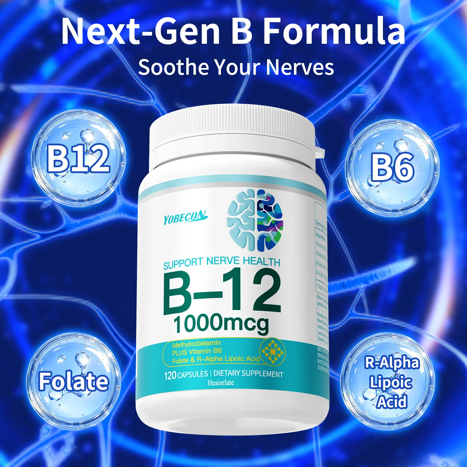 Heaisrlate B12 Daily Brain Nerve Support Capsules with Vitamin B6 B12 R-Alpha Lipoic Acid & Folate 120 Capsules for Youth Memory Cognition Focus Clarity Christmas Gifts