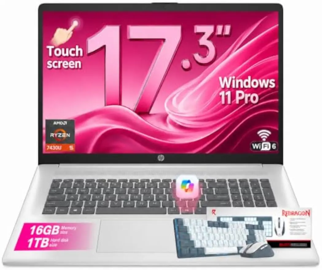 HP 17 inch laptops Touchscreen, AMD Ryzen 5 (Up to 4.3GHz), 17.3" HD+ Touch Screen, Copilot, WiFi 6, BT 5.4, Numeric KB (16GB RAM, 1TB SSD)