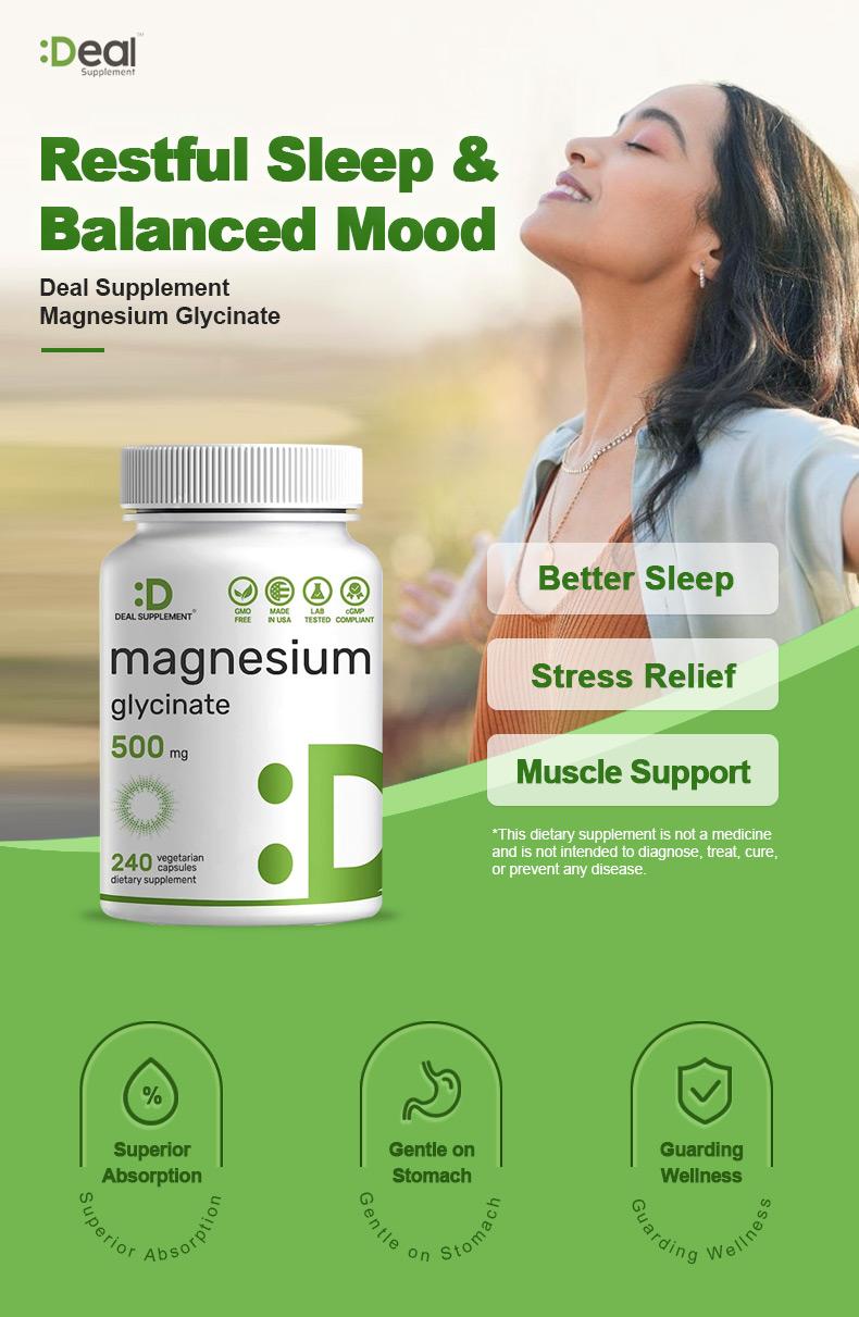 DEAL SUPPLEMENT Magnesium Glycinate 500mg|Support Sleep, Muscles, Nerves，Energy Dietary Healthcare | Vegan, Non-GMO | 240 Capsules Nutrition Nature