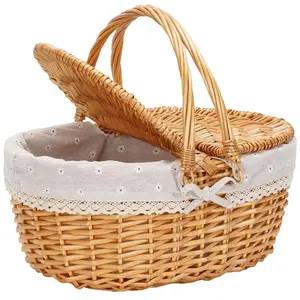 Wicker Picnic Basket with Lid,Wicker Basket with Handle and Liner, Handmade Shopping Basket,Braided Wicker Picnic Basket
