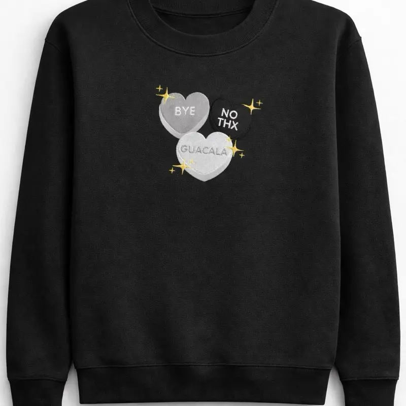 Black Candy Hearts Valentines Embroidered Sweatshirt Latin Inspired Cotton Casual Womenswear Comfortable Sweater