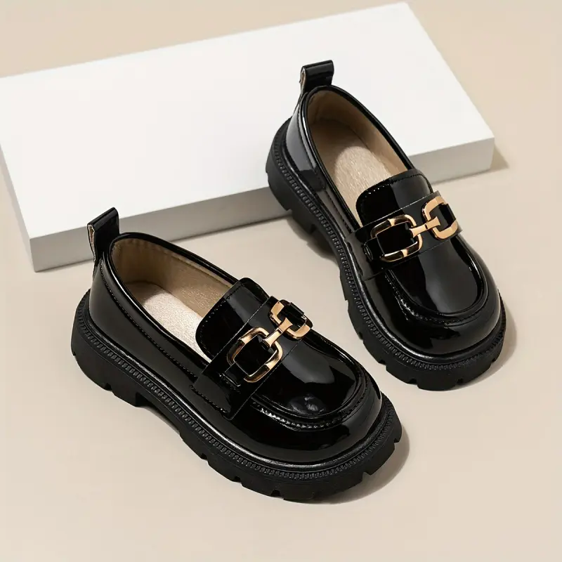 Kids' Unisex PU Artificial Leather Loafers - Slip-On Flat Shoes with Metal Buckle Detail, Rubber Synthetic Upper, TPR Sole, Casual Comfortable All-Season Footwear