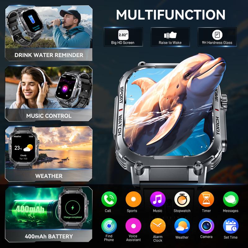 3ATM Waterproof Outdoor Smart Watch for Men with Call Make/ Answer 100+ Sports Modes Pedometer Compass Multifunctional Smartwatch Compatible with iPhone Android Phones Digital Watch Gifts for Men