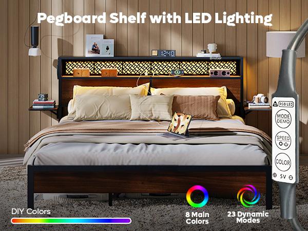Bestier - Bed Frame with Headboard Foldable Shelves LED Lighting Charging Station Non-Slip Metal