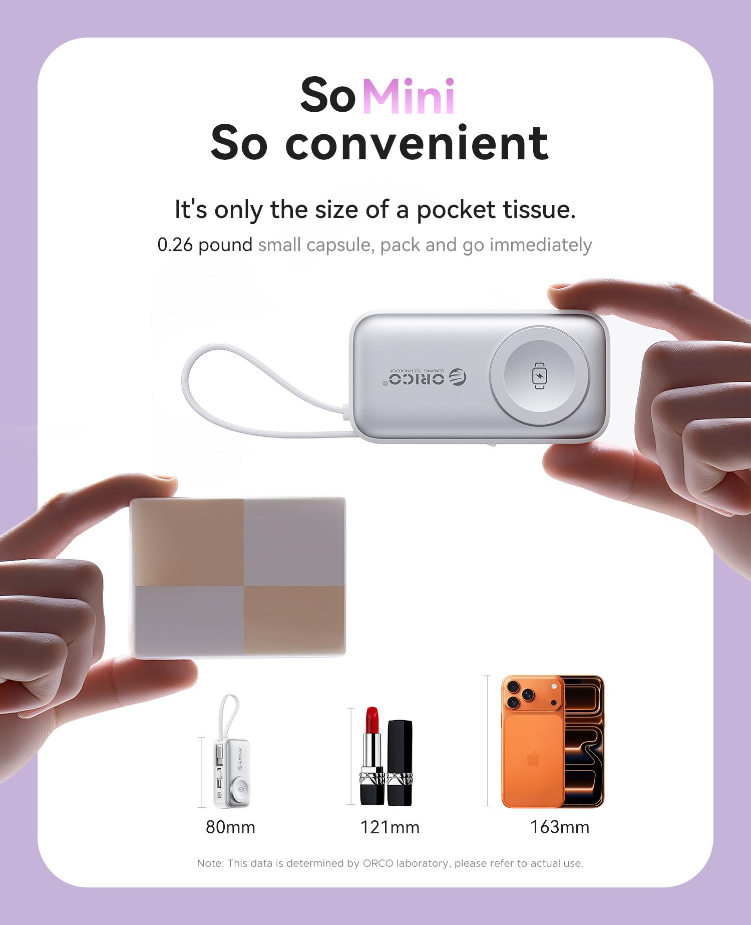 Orico 3-in-1 Portable Power Bank with Integrated Cable, Watch Wireless Charging, and Foldable Wall Plug – Compact Fast-Charge Battery for iPhone & Android - S18