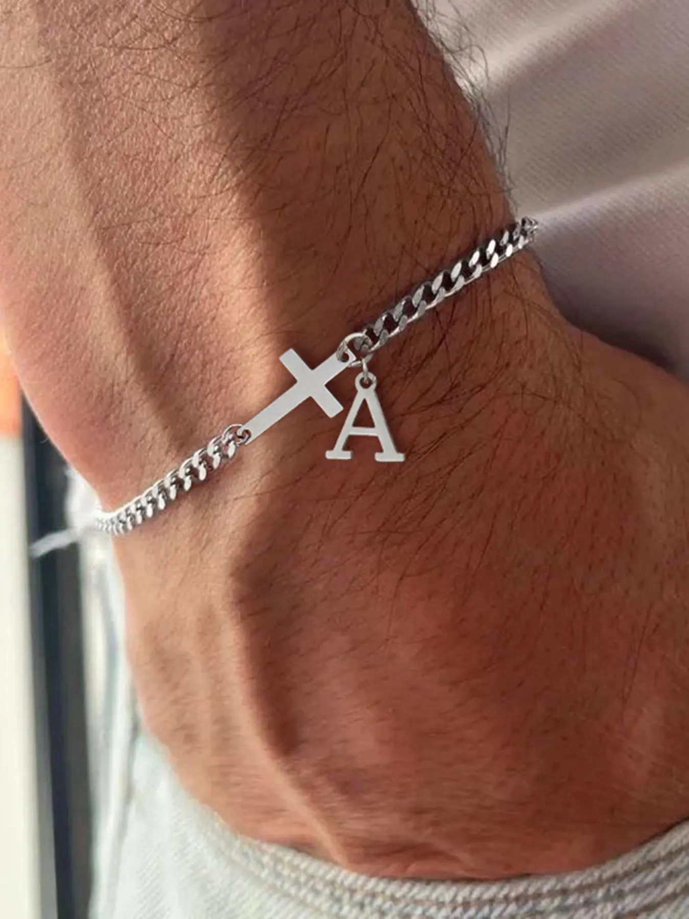 2026 Men's Trendy Casual Bracelet, Simple Cross and Letter Link Design, Fashionable Bracelet for Daily Wear